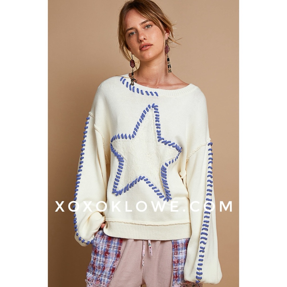 POL Cream with Blue Star Contrast Stitched Relaxed Fit Sweater - Picture 1 of 13
